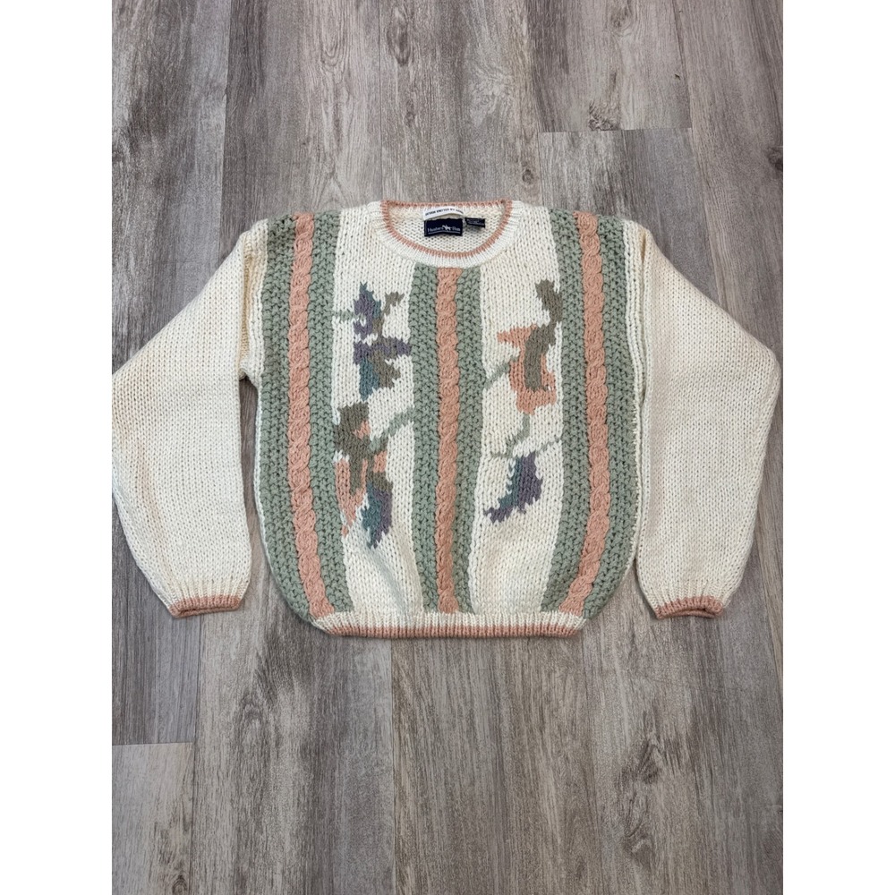 Hunters Run Vintage Hand Knitted Floral Cable Knit Sweater Cream Pastel Medium